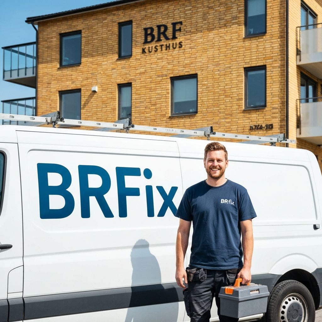 BRfix hantverkare med servicebil utanför BRF Kusthus